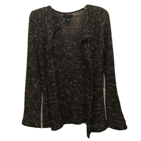 BCBGMaxAzria Cardigan Size Medium Brown Gold Crochet Wood Button Fluted Cuff - Picture 1 of 12